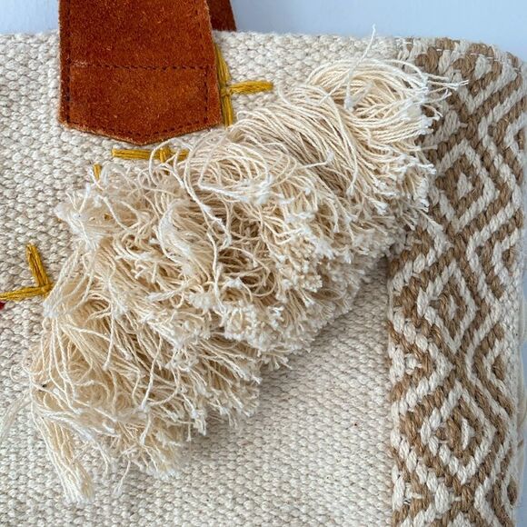 Roolee Red Yellow Neutral Patchwork Color Blocked Tote Bag Suede Leather Handles - Picture 5 of 9